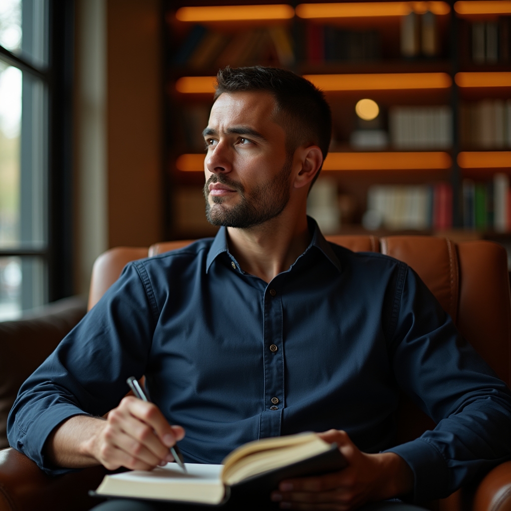 Person reflecting on spending habits with journal