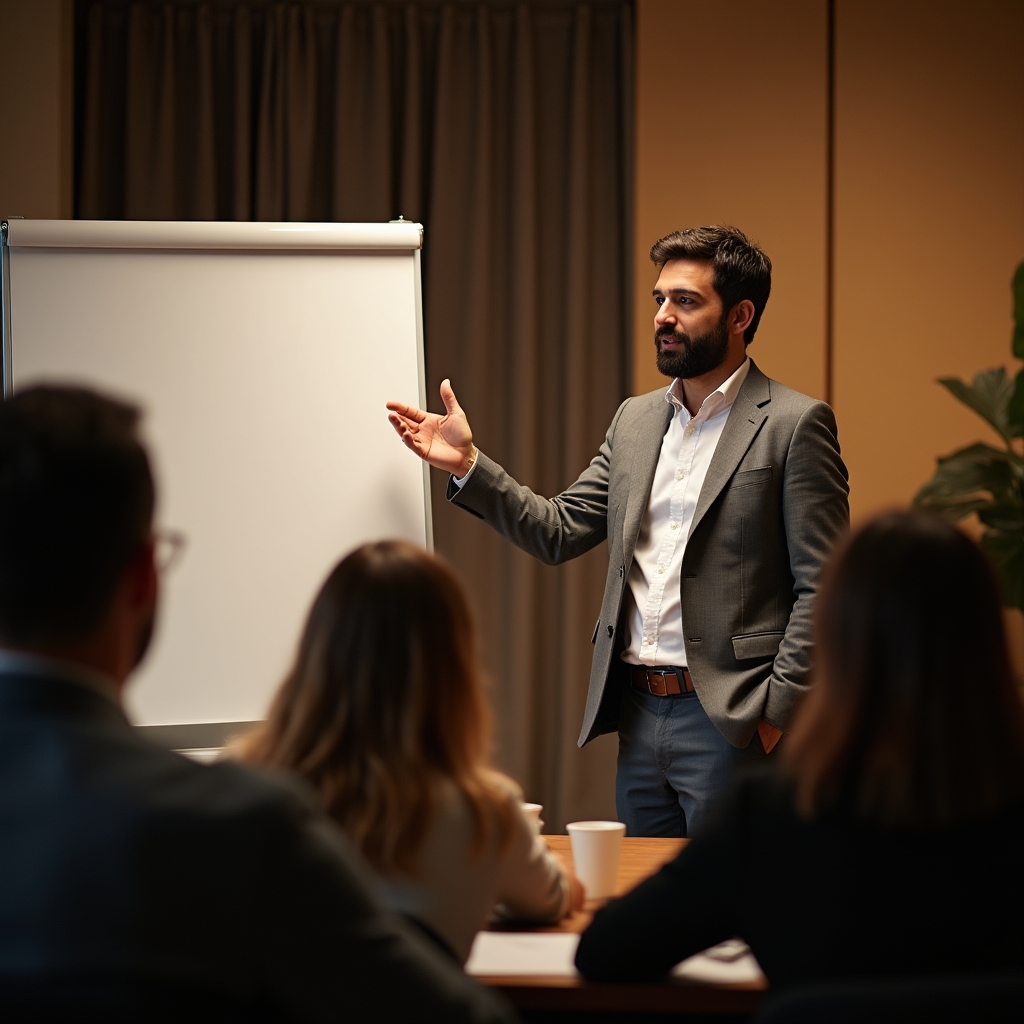 Presenter at a small group session, participants listening attentively in warm interior setting